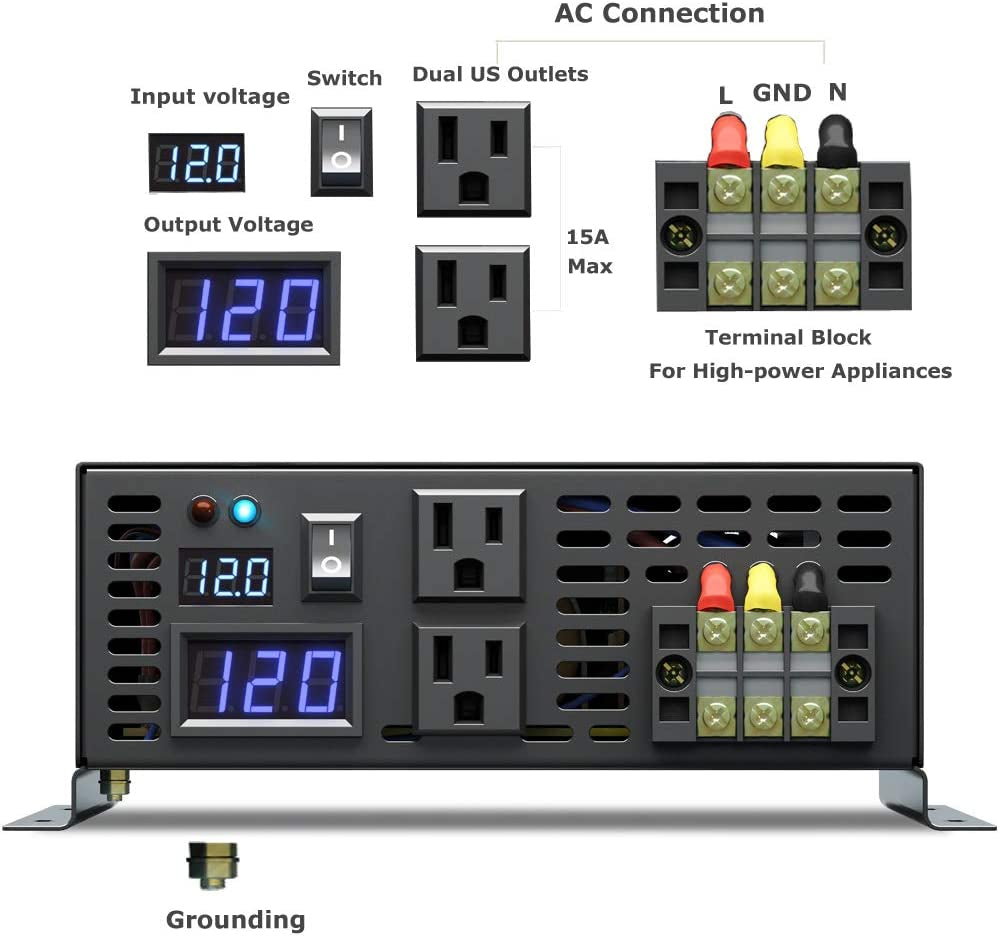 2000W Pure Sine Wave LED Display Solar Power Inverter (Black)