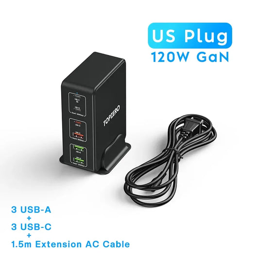 120W GaN 6-Port Desktop USB Charger with 100W PD, PPS, and QC4.0 Fast Charging for Laptops, Tablets, iPhone 15, and Samsung S23 Ultra
