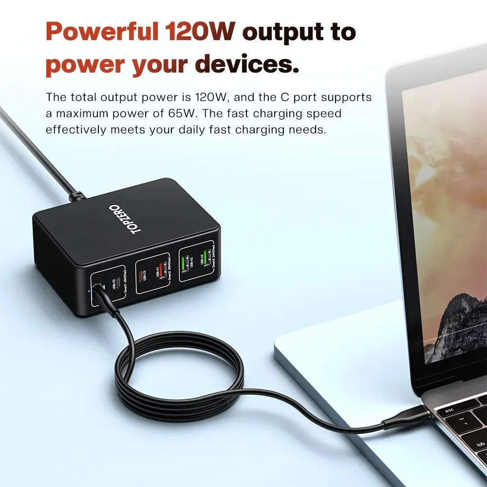 120W GaN 6-Port Desktop USB Charger with 100W PD, PPS, and QC4.0 Fast Charging for Laptops, Tablets, iPhone 15, and Samsung S23 Ultra