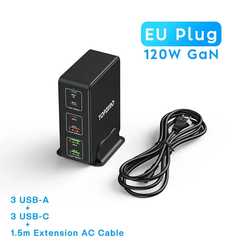 120W GaN 6-Port Desktop USB Charger with 100W PD, PPS, and QC4.0 Fast Charging for Laptops, Tablets, iPhone 15, and Samsung S23 Ultra